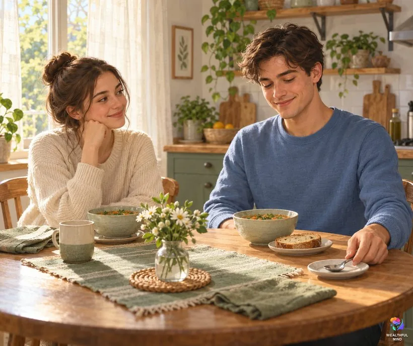 Biting tongue while eating spiritual meaning: a young man pausing at a sunny kitchen table to slow down his meal
