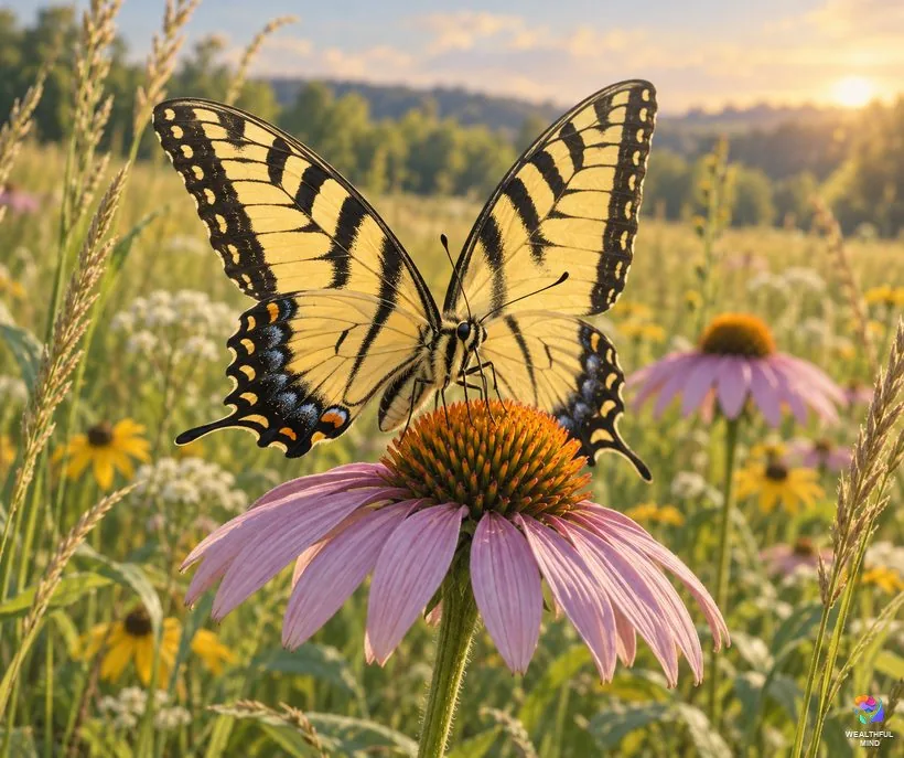Black and yellow butterfly meaning: an eastern tiger swallowtail with open striped wings on a purple coneflower