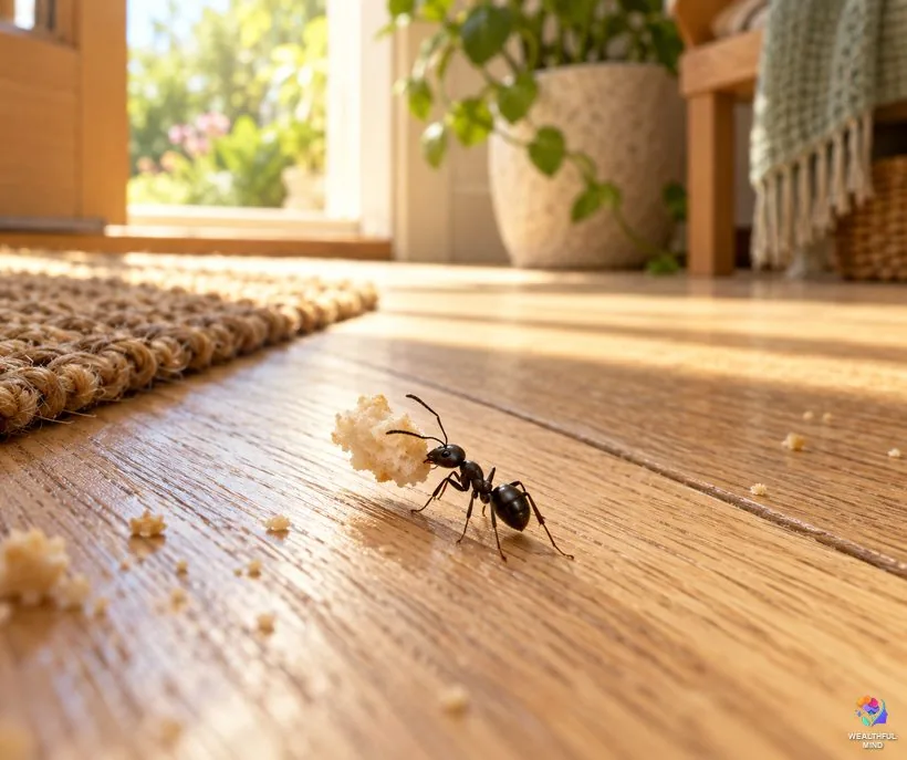 Ants in the house meaning: a black garden ant carrying a bread crumb across a sunlit oak floor