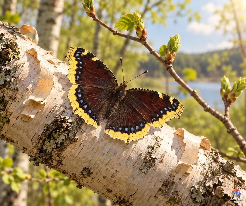 Butterfly colors and meanings: a black mourning cloak butterfly with a yellow border basking on birch bark in spring