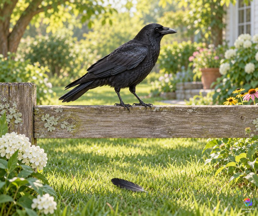 Black feather meaning: a healthy American crow on a garden fence with a single black feather on the lawn below