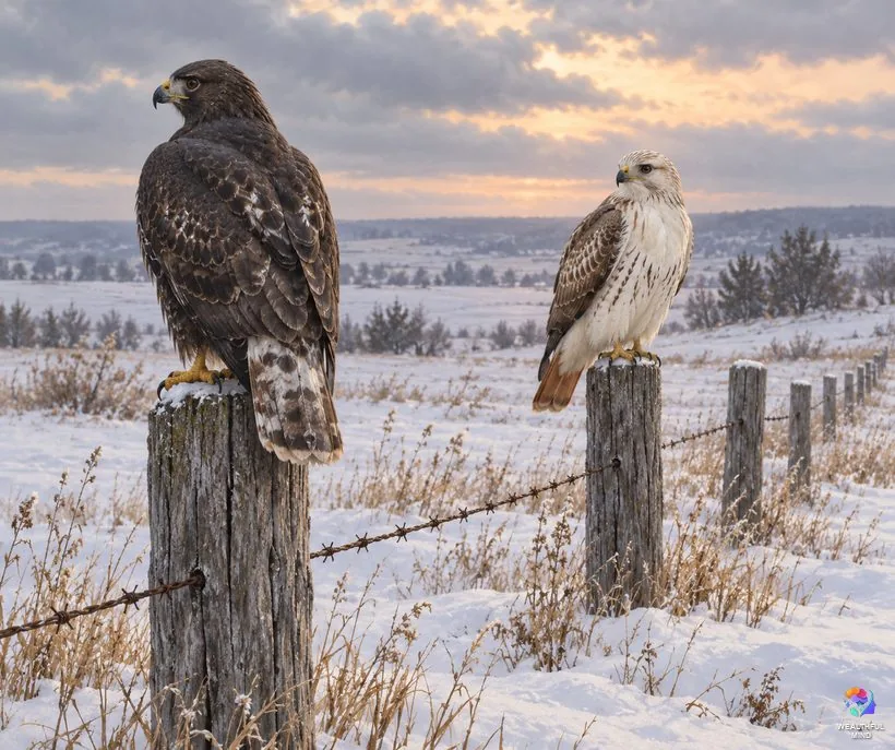 Black hawk and white hawk meaning: a very dark Harlan's red-tail and a pale red-tail on snowy fence posts