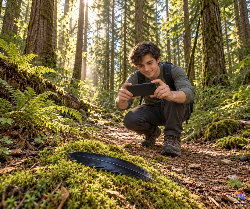 Keeping a raven feather: a young man photographing a black feather on moss without picking it up