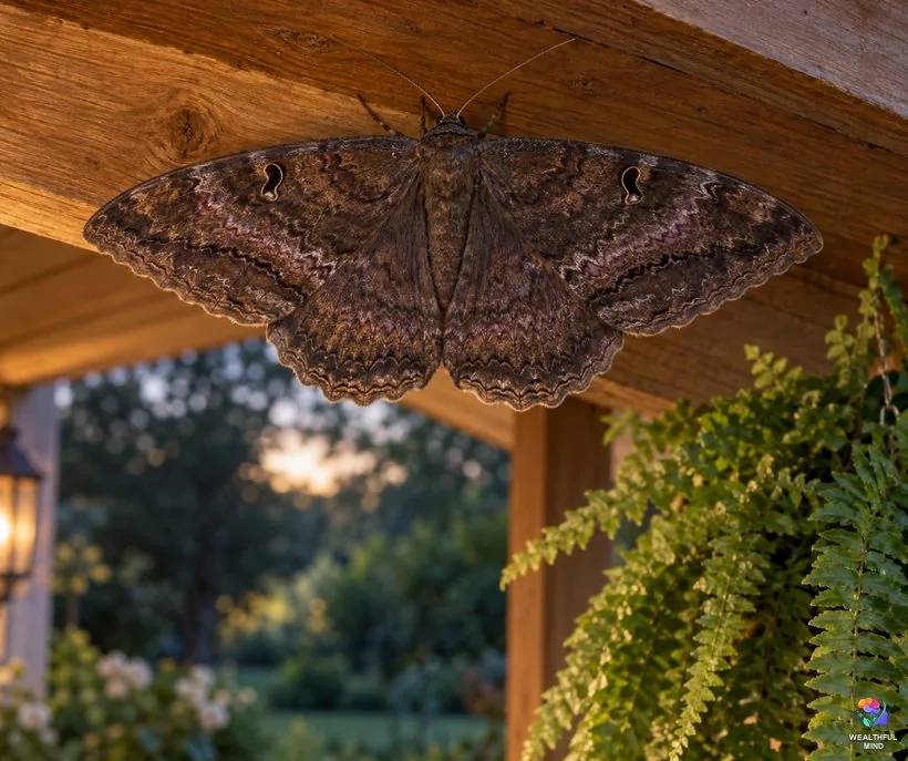 Black witch moth meaning: a large dark brown black witch moth resting under a porch eave in late summer