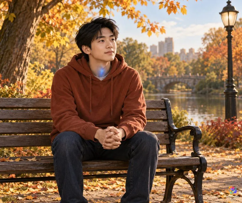 What a blocked chakra means: a young man on a park bench with a dim glow at his throat, holding back his words