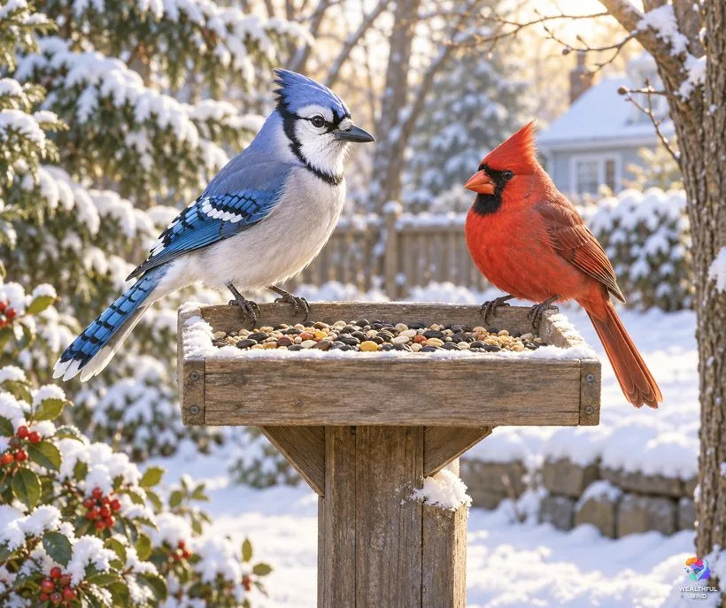 Blue jay and cardinal together: a blue jay and a red male cardinal side by side on a snowy backyard feeder