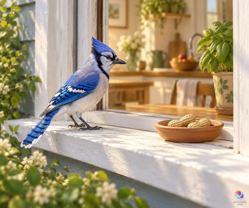 Blue jay at your window: a blue jay on a sunny kitchen windowsill next to a small dish of peanuts
