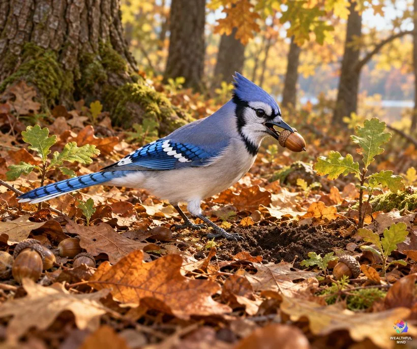 Blue jay facts: a blue jay holding an acorn on the oak wood floor beside young oak seedlings