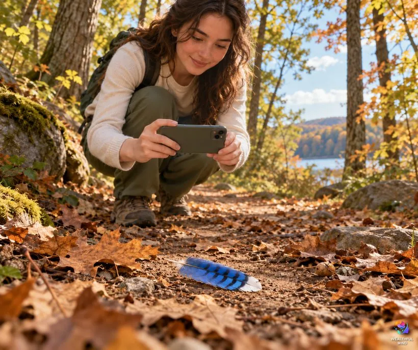 Blue jay feather meaning: a young woman photographing a barred blue feather on a woodland trail without picking it up
