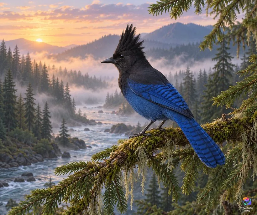 Blue jay legends: a Steller's jay with its tall black crest on a mossy fir branch above a misty Northwest river