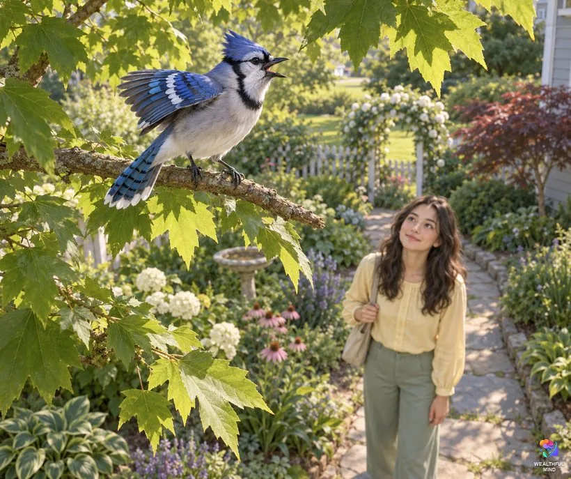 Blue jay screaming: a blue jay calling from a maple branch as a young woman looks up from the garden path
