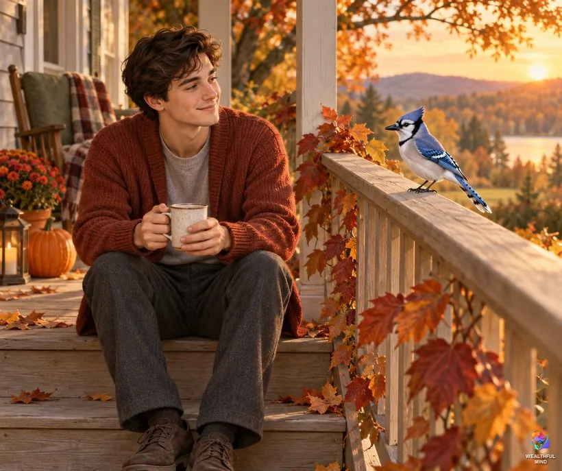 Blue jay as a sign from a loved one: a young man on a porch step watching a blue jay on the railing