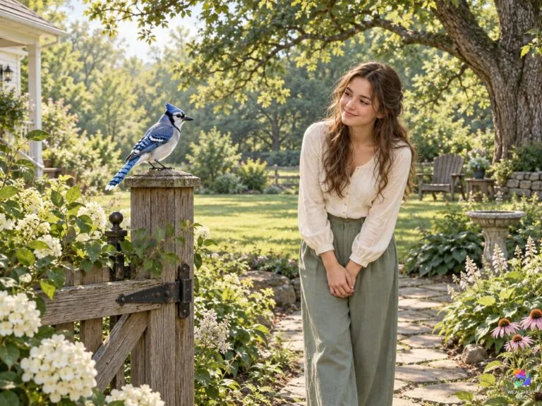 What it means when you see a blue jay: a young woman smiling at a blue jay on her garden gatepost