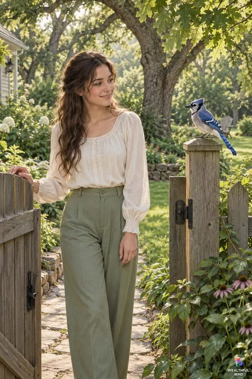 Blue jay spiritual meaning: a young woman smiling at a blue jay perched on her garden gatepost in morning light