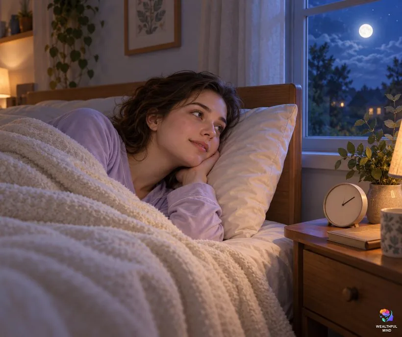 Signs while you sleep: a young woman lying awake in a moonlit bedroom beside a plain bedside clock