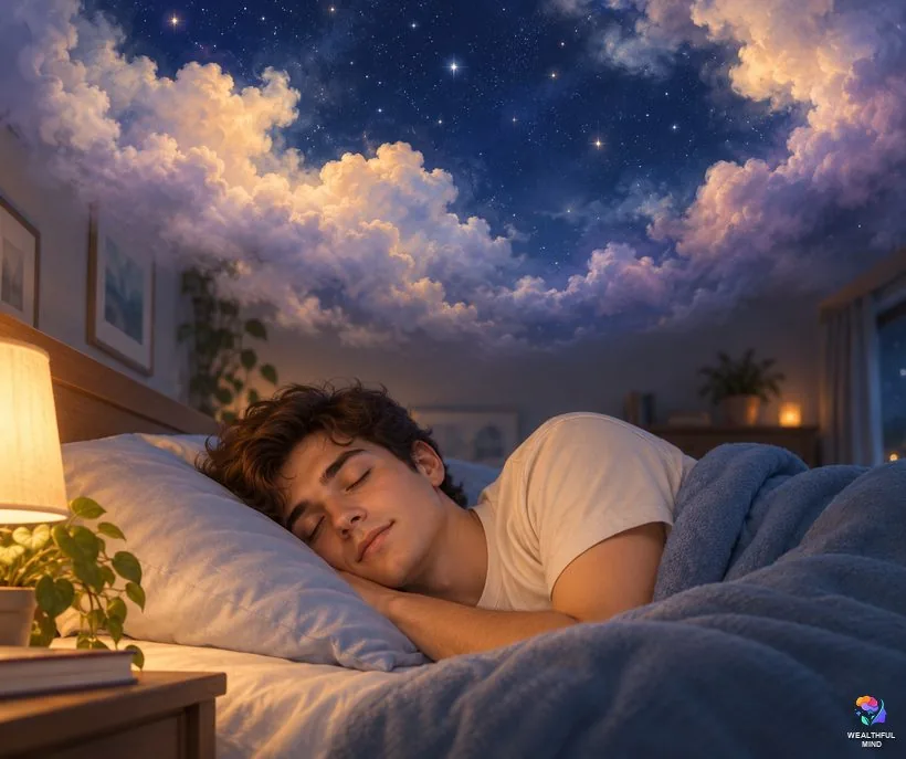Dreams and dreamless nights: a young man sleeping peacefully under a soft dreamlike sky of clouds and stars
