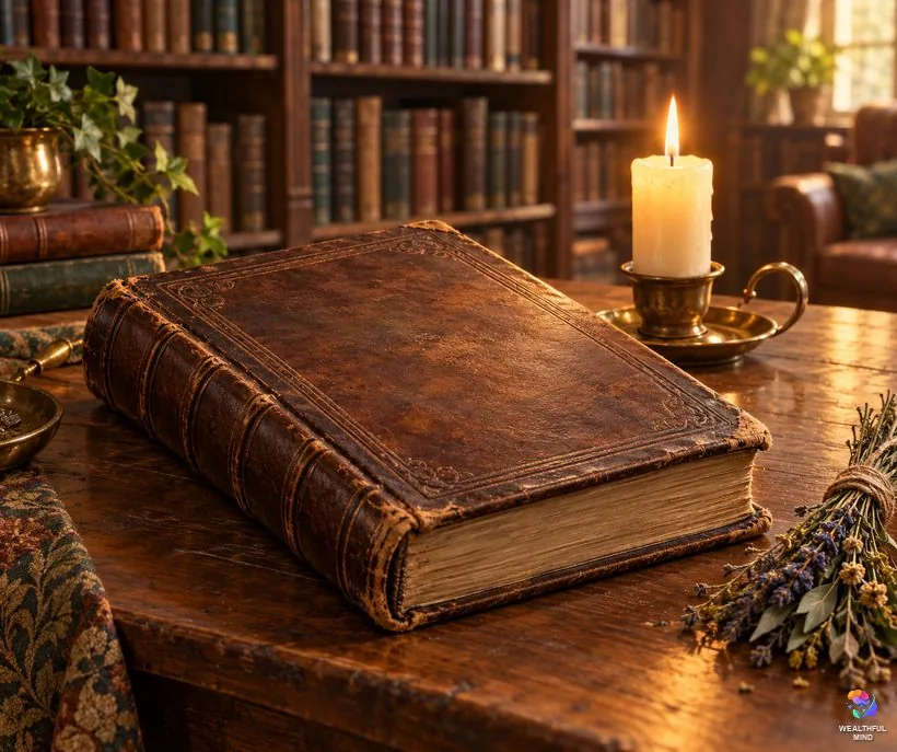 Where body sign beliefs come from: an old closed leather-bound book beside a candle on a wooden table