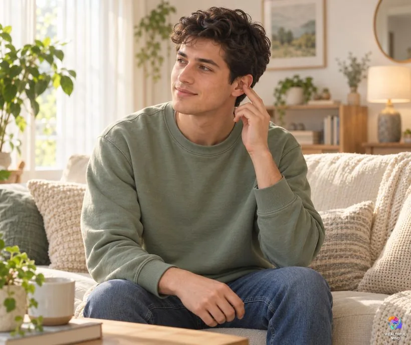 Ringing, itching or burning ears: a young man lightly touching his left ear in a quiet sunlit room