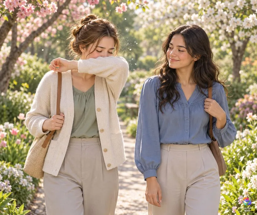 Sneezing, hiccups and goosebumps: a young woman sneezing into her elbow in a blossoming spring garden