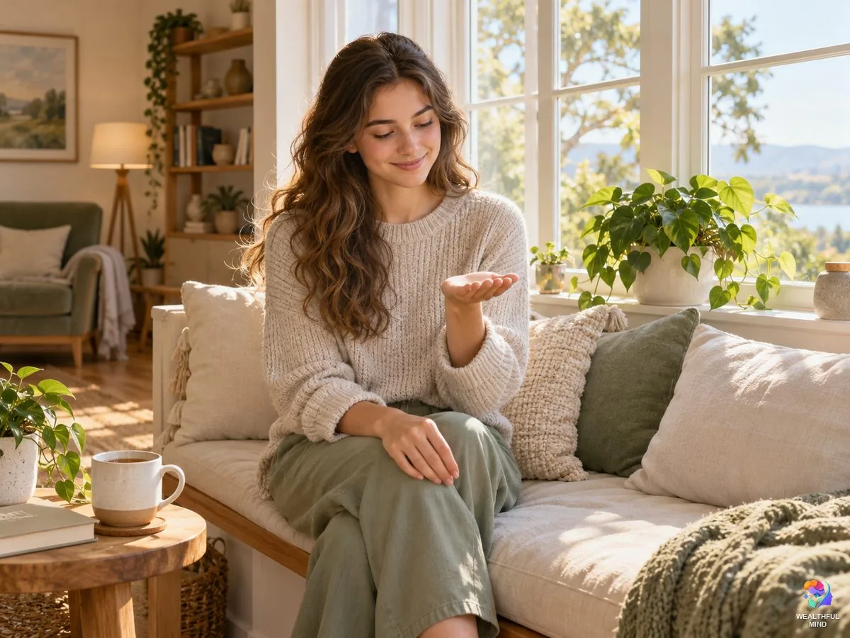 Body signs spiritual meaning: a young woman at a sunny window smiling at her open palm