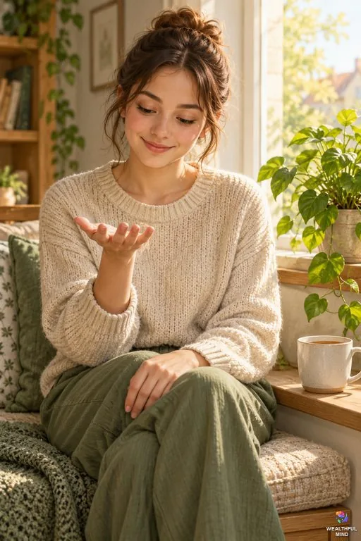 Body signs spiritual meaning: a young woman by a sunny window looking curiously at her open palm