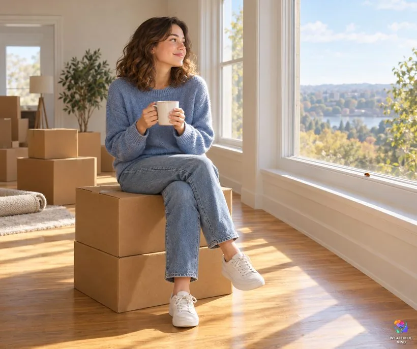 Bugs after moving house: a young woman on moving boxes looking calmly out of a sunny window