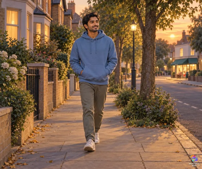 Building new habits when starting over: a young man taking his evening walk down a quiet street