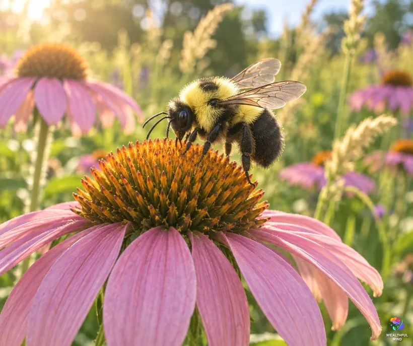 Bumble bee spiritual meaning: a fuzzy yellow and black bumble bee feeding on a pink coneflower in summer