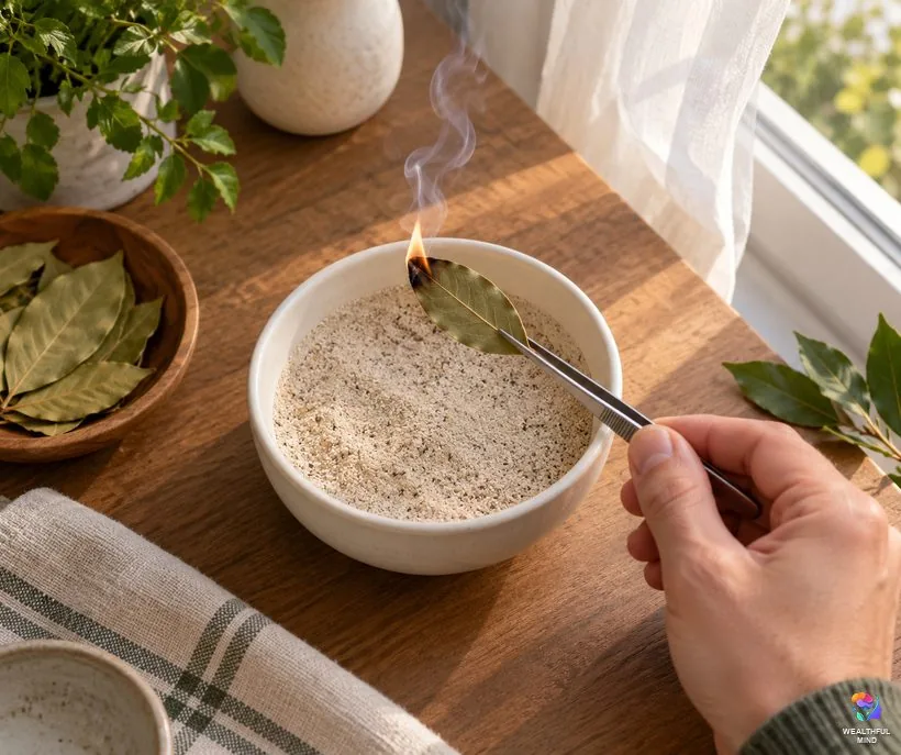 Burning bay leaves: one dried bay leaf burning in a sand-lined ceramic bowl beside an open window