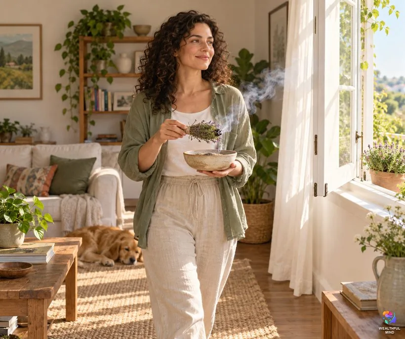 Burning thyme for cleansing: a young woman carrying a smoldering thyme bundle over a dish of sand near an open window