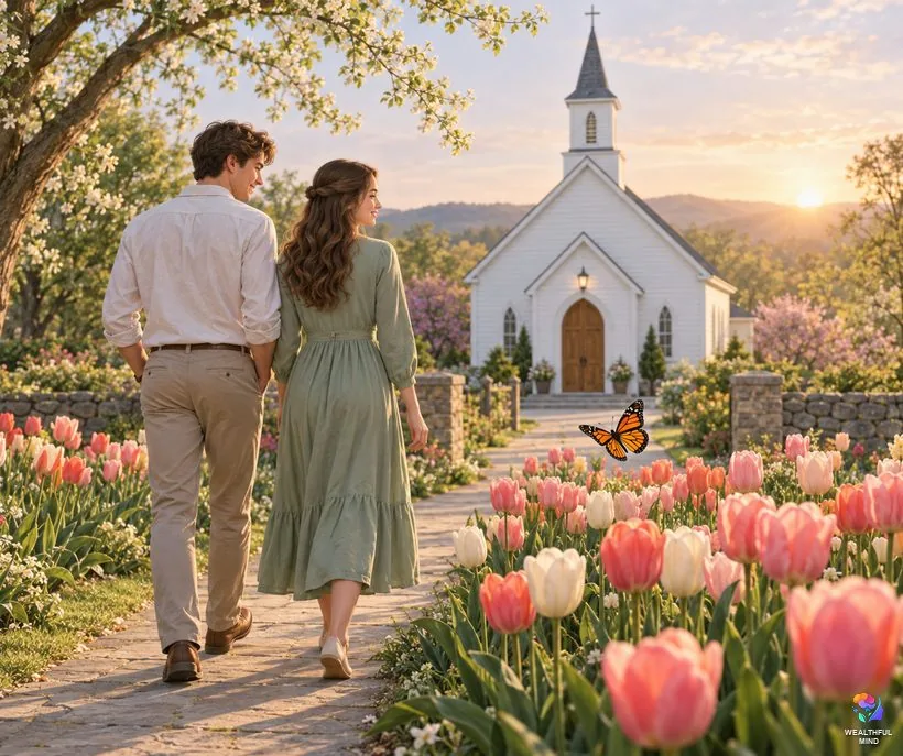 Butterflies in the Bible: a monarch over spring tulips as two young people walk to a small country church at sunrise