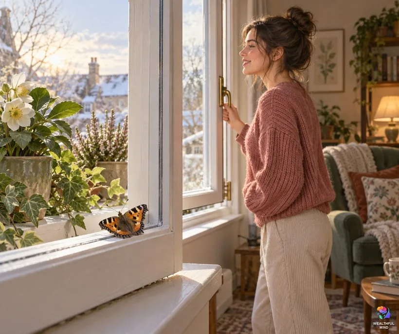 Butterfly in the house: a young woman opening a window for a small tortoiseshell butterfly resting on the frame