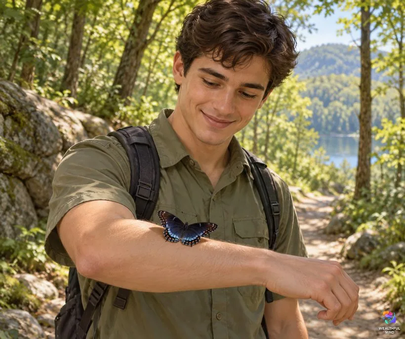 Butterfly landing on you: a red-spotted purple resting on a young hiker's forearm on a sunny forest trail
