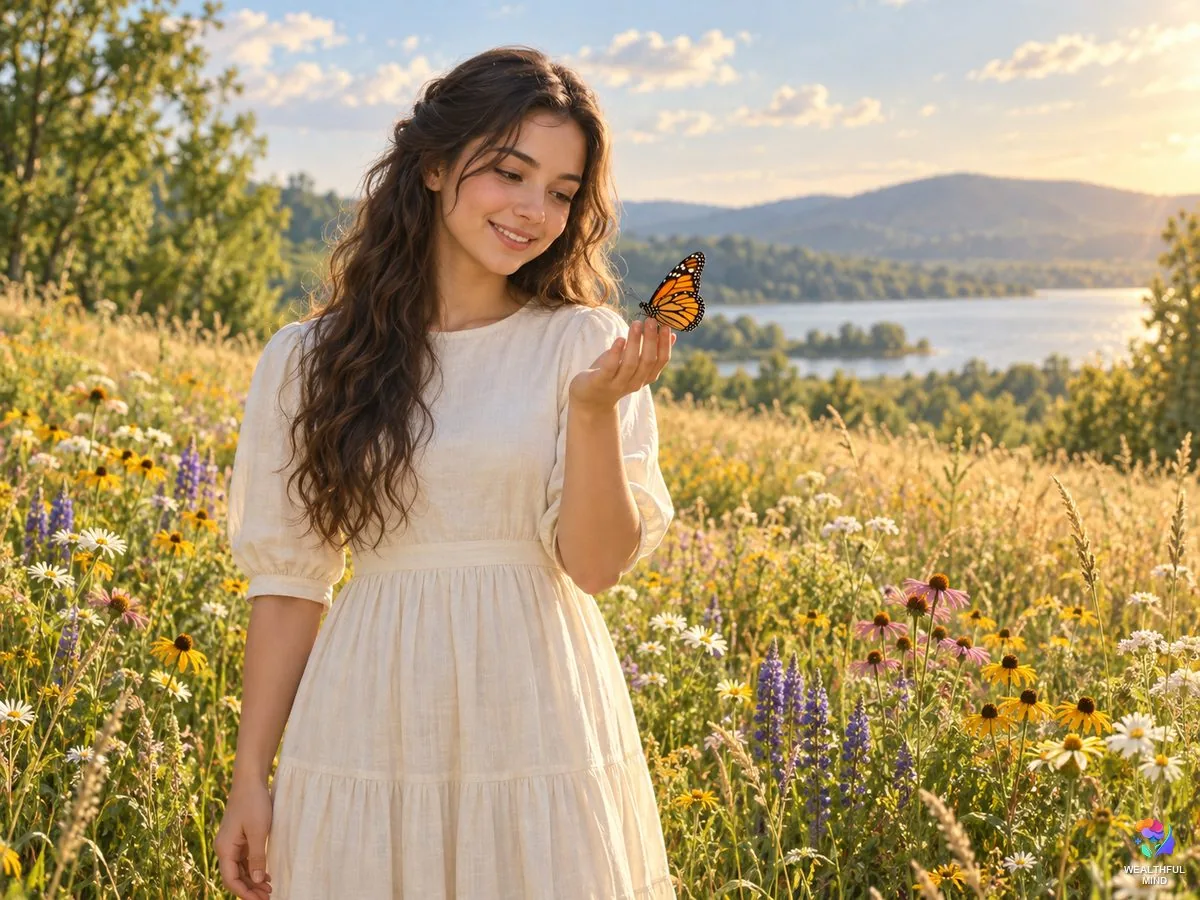 Butterfly spiritual meaning: a monarch resting on a young woman's open hand in a sunlit summer meadow