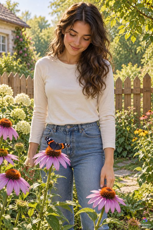 Butterfly spiritual meaning: a young woman in a sunny garden watching a red admiral butterfly on a purple coneflower