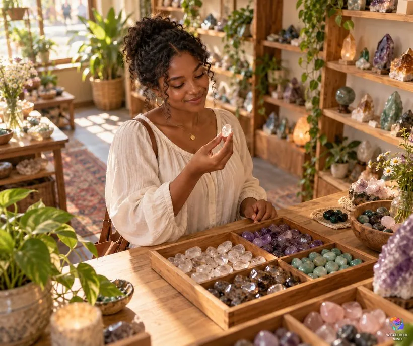 Buying a crystal for shifting: a young woman choosing one small tumbled clear quartz in a crystal shop