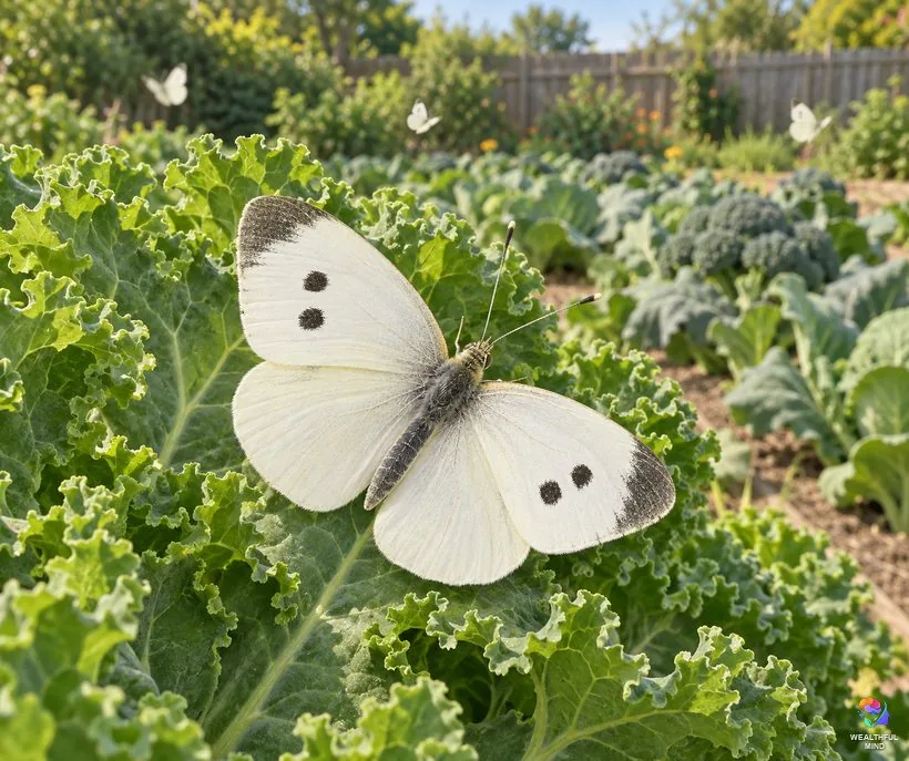 Why do I keep seeing white butterflies: a female cabbage white on kale with more flying over the garden
