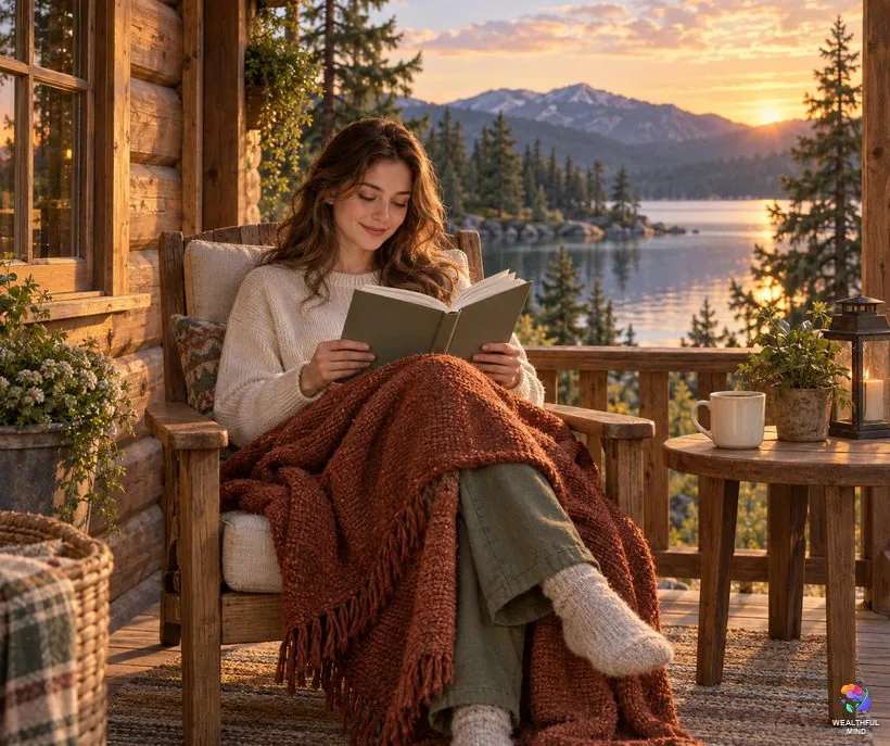 Calm desired reality ideas: a young woman reading on the porch of a cosy lakeside cabin at golden hour