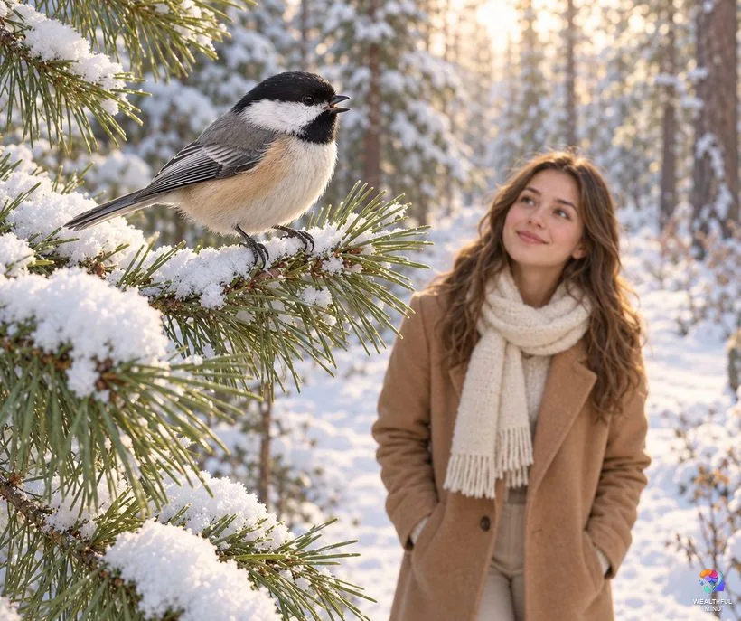 Can birds warn you of danger: a black-capped chickadee calling from a snowy branch as a young woman listens