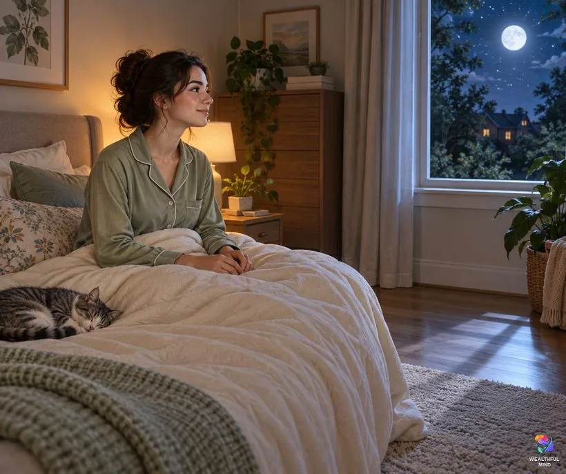 Can spirits talk to you in your sleep: a young woman sitting up calmly in bed, looking toward soft moonlight