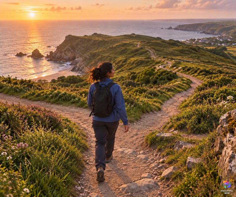 Can we escape our destiny: a young woman choosing her own trail on a coastal path at golden hour