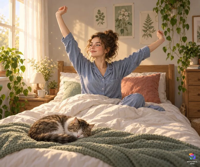 Can you come back from permashifting: a young woman waking up happily in her own familiar bedroom in morning sunlight