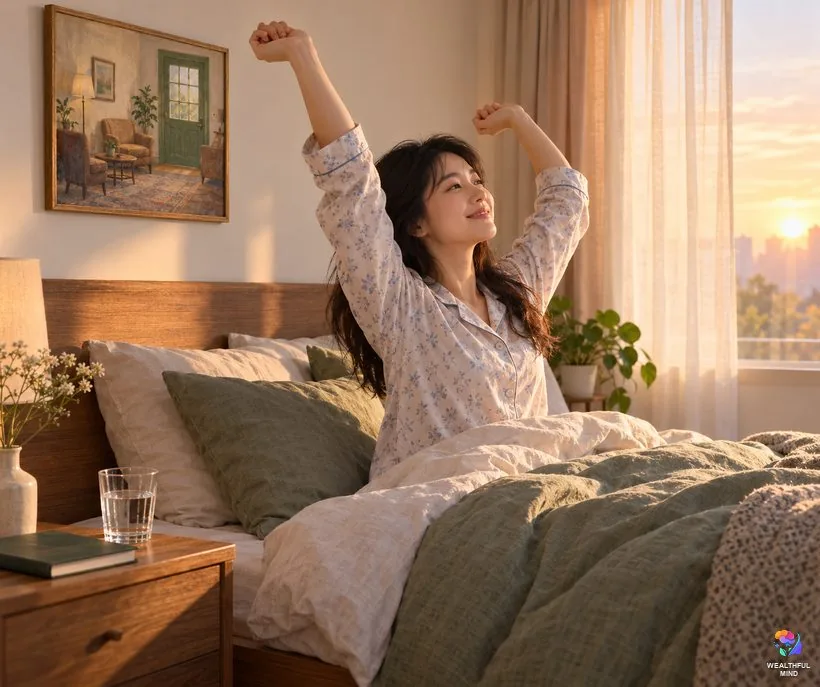 Can you stay in your waiting room forever: a rested young woman waking in her real bedroom in the morning