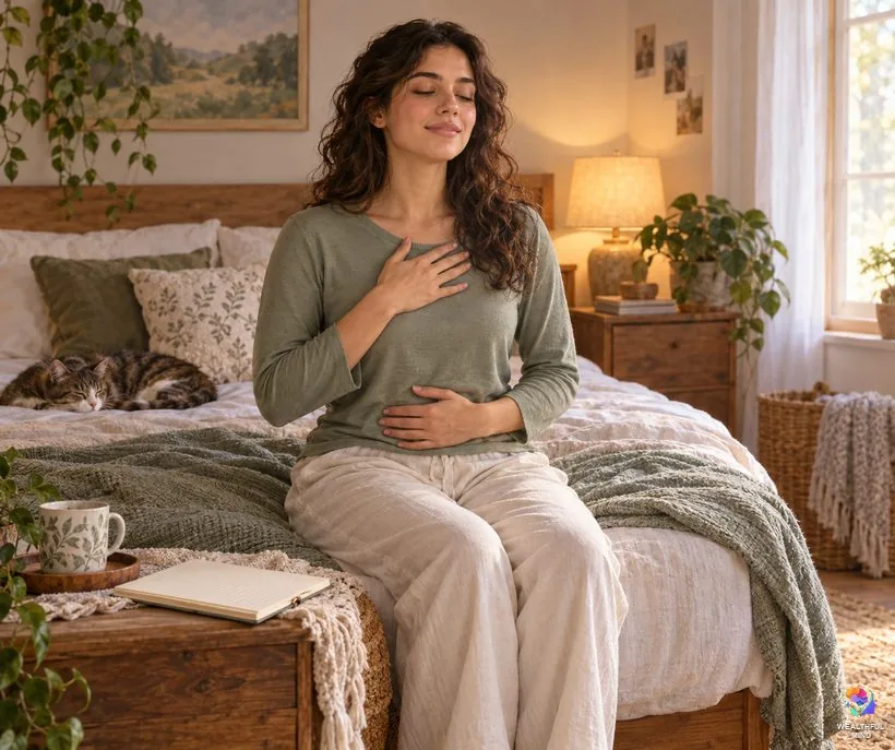 If you can't shift back to your CR right away: a young woman breathing slowly on her bed to calm down