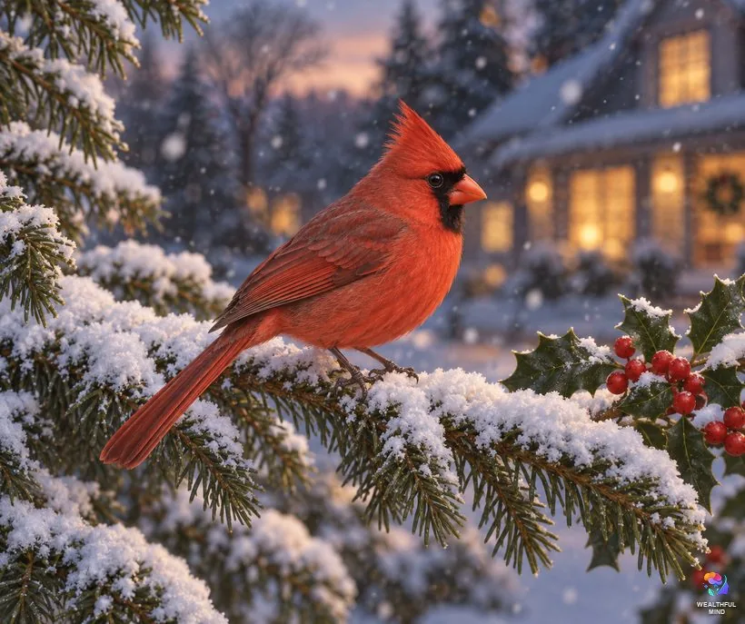 Cardinal in winter: a red cardinal on a snowy evergreen branch with a warmly lit window glowing behind