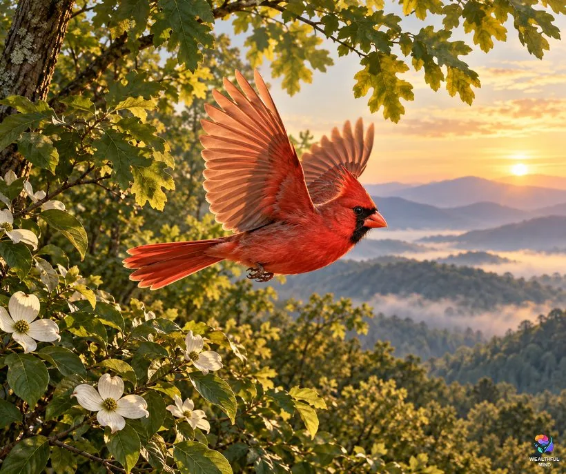 Cardinal redbird legend: a red cardinal flying out of a forest thicket at golden hour with misty mountains behind