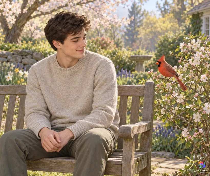 Cardinal sign from a loved one: a young man on a garden bench smiling at a red cardinal on a flowering shrub