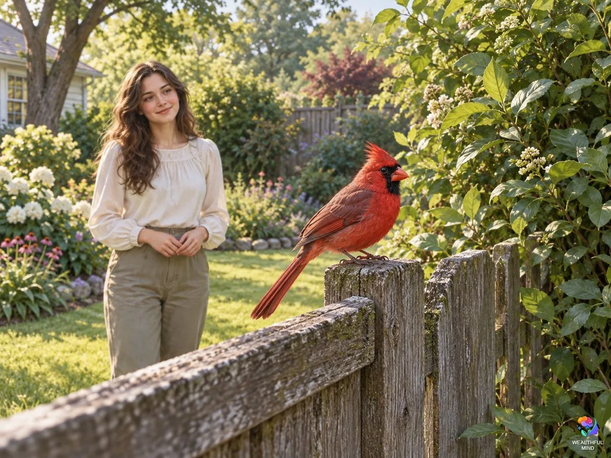 Cardinal spiritual meaning: a red male cardinal on a fence in morning light with a young woman watching