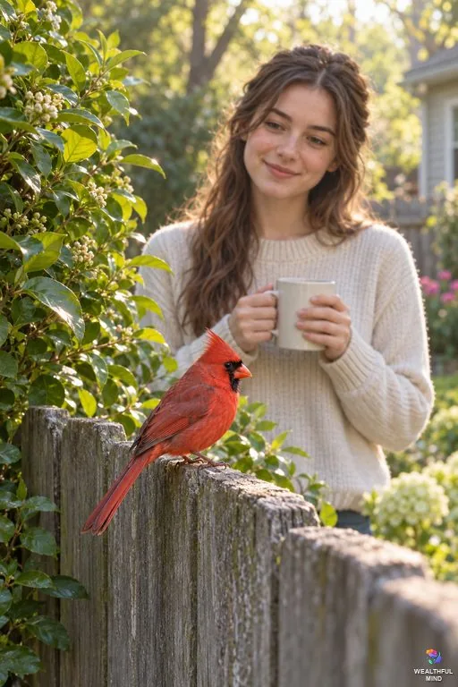 Cardinal spiritual meaning: a red male Northern Cardinal on a backyard fence as a young woman watches calmly