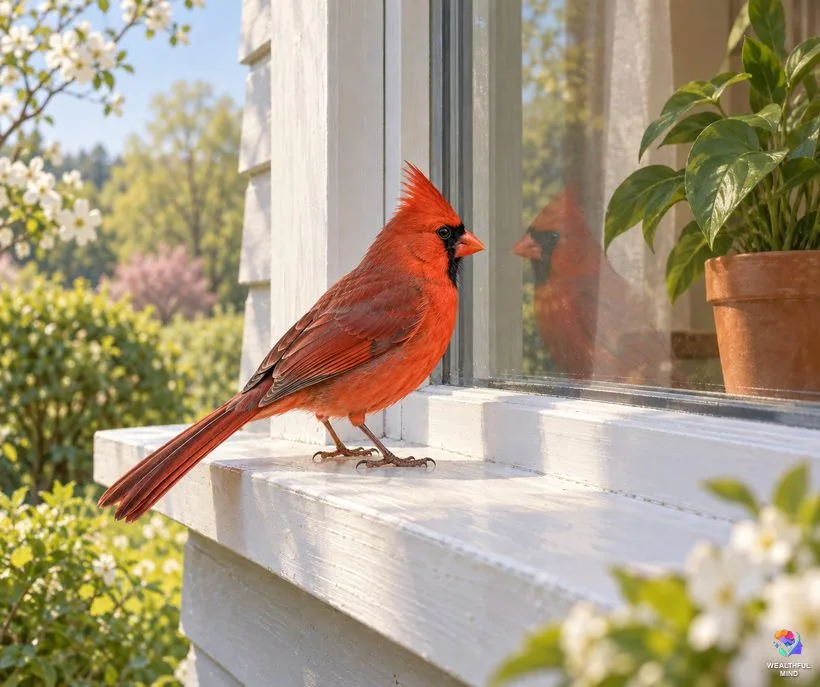 Cardinal tapping on window: a red cardinal on a window sill looking at its own reflection in the glass